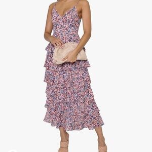 Summer Floral Spaghetti Strap V Neck Sleeveless Long Ruffle Layered Dress